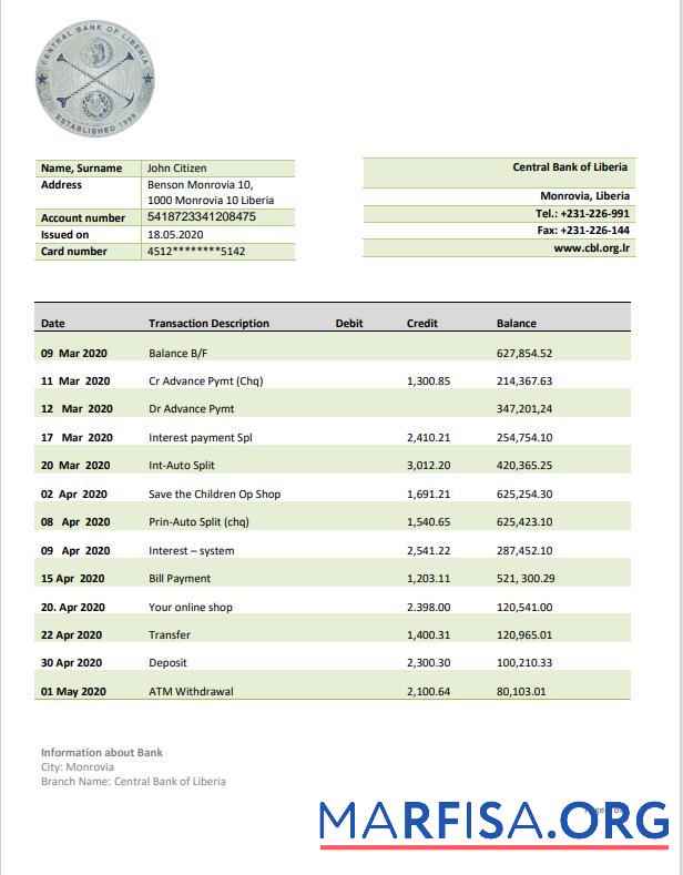 Downloadable Liberia Central Bank of Liberia bank statement word example
